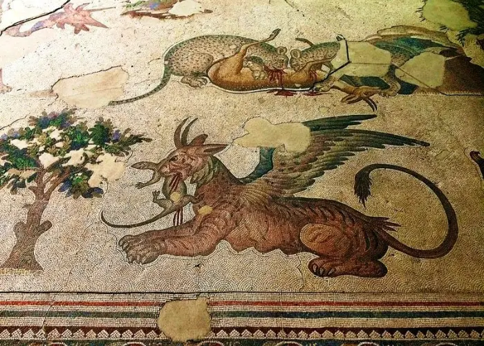 Ancient mosaic scenes inside Great Palace Mosaic Museum Istanbul