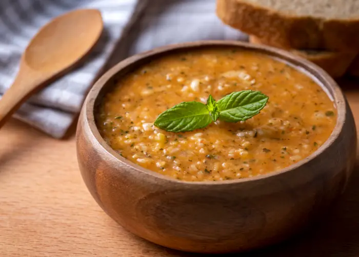 Traditional tarhana soup served hot in a ceramic bowl