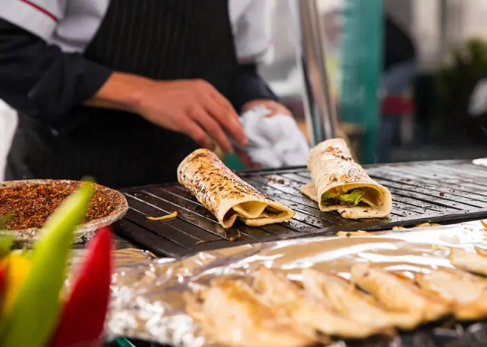 Traditional Turkish street foods displayed in Istanbul market setting