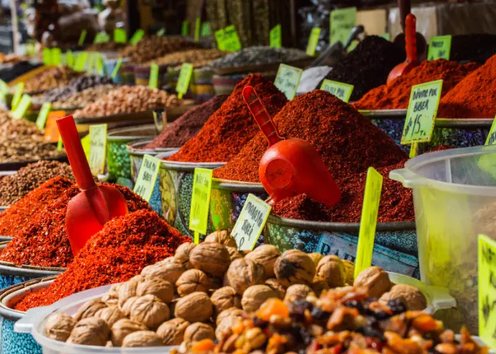 Interior view of Spice Bazaar stalls in Eminonu Istanbul