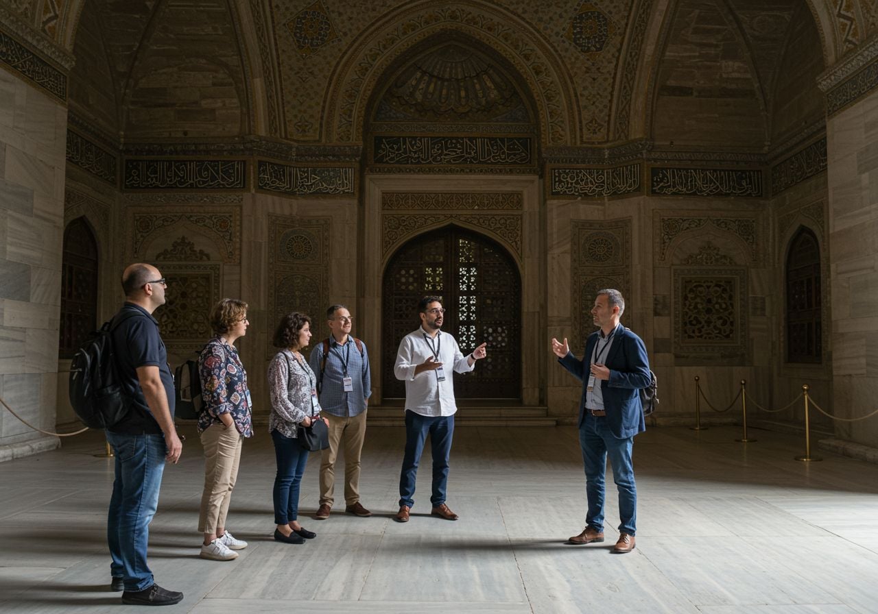 A small guided group inside a domed stone hall at Topkapı Palace