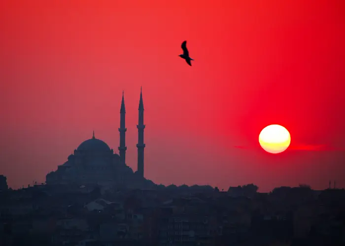 Maiden's Tower and Istanbul shoreline at sunset
